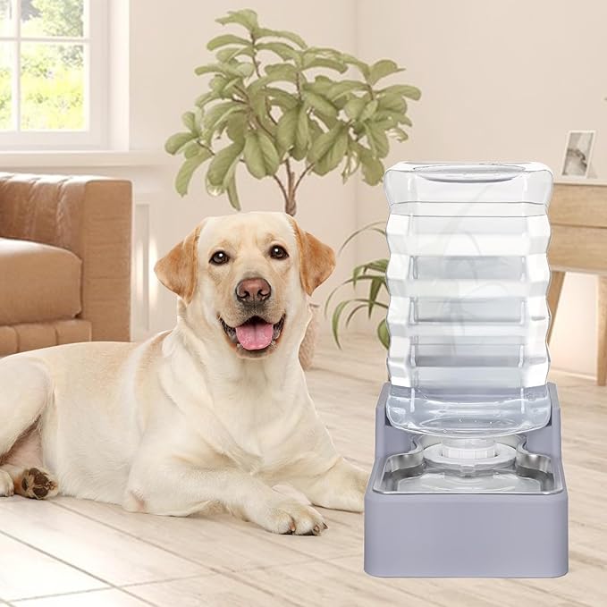 Automatic Pet Water Dispenser: 8L Light Gray Gravity Feeder with Stainless Steel Bowl - BPA-Free for Dogs Cats - No Spill Design