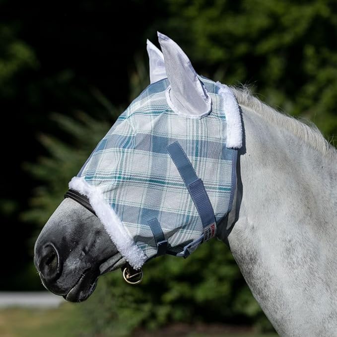 Schneiders Dura-Mesh Plaid Fly Horse Mask with Ears | Ultra-Durable 1000D Mesh | 70% UV Protection | Breathable Open Weave | Color Blue Plaid | Size Cob