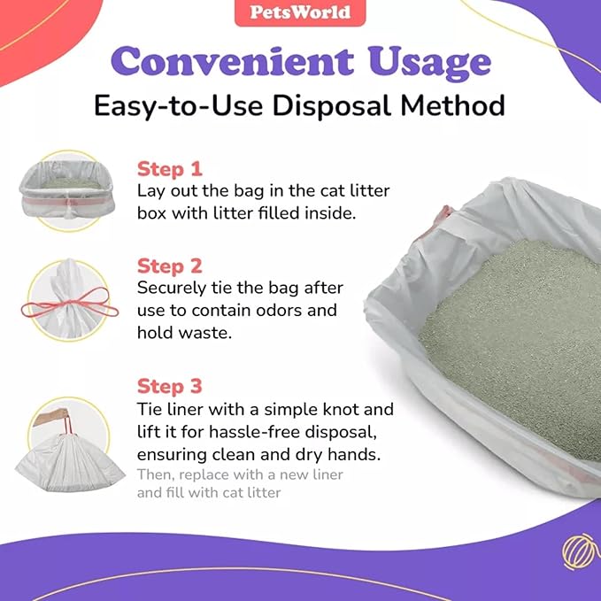 PETSWORLD Cat Litter Box Liners, Heavy Duty Litter Pan Liners Bags with Drawstring for Pet Cat Litter Tray (Unscented) (Extra Large - 36 x 18 Inches, 60 Count)