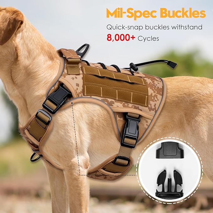 Heavy-Duty Tactical Dog Harness for Large Dogs, No Pull Adjustable Reflective Pet Vest with Molle System, K9 Military-Grade Control for Service Training, Outdoor & 10+ Breeds, Khaki Camo, Large