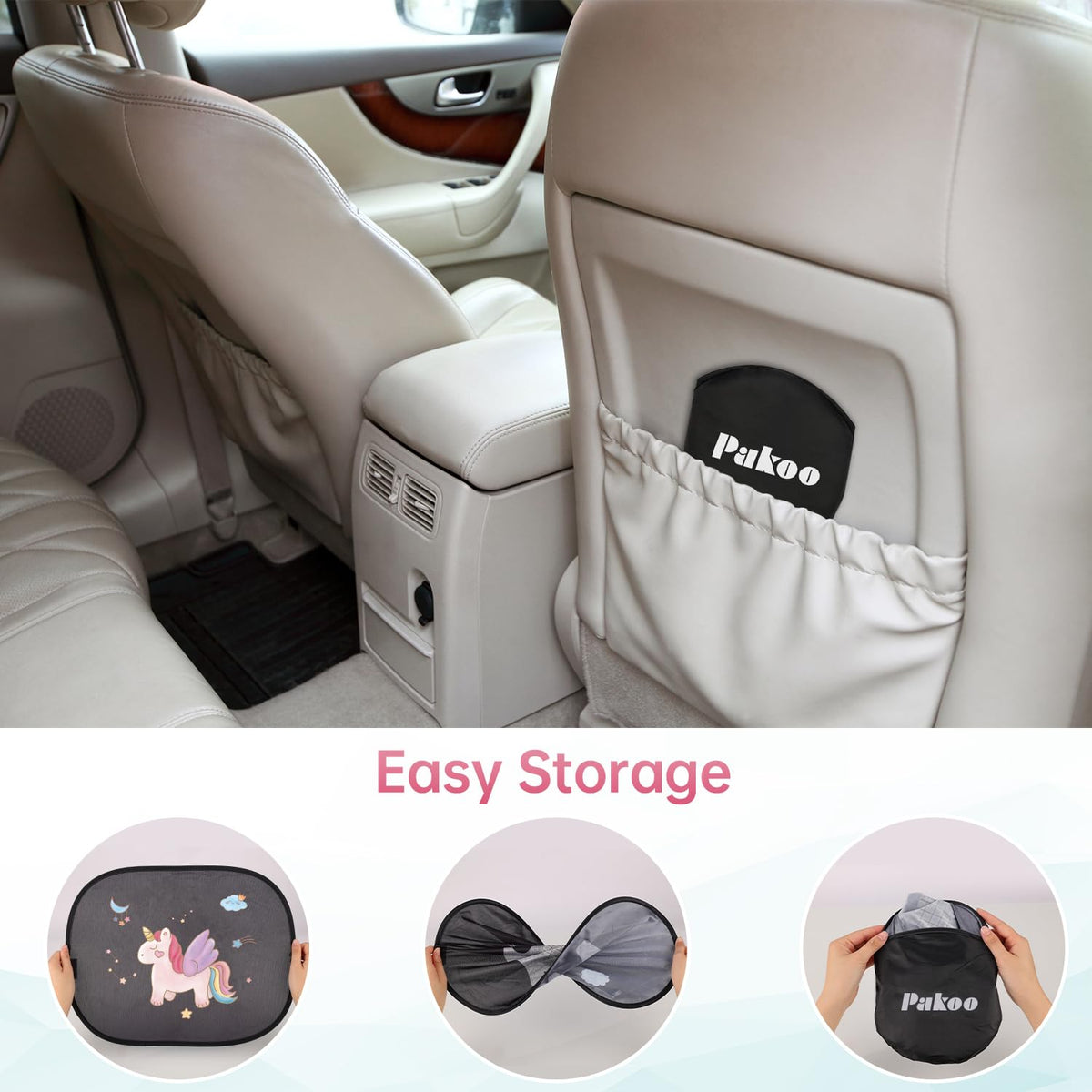 Pakoo Car Sun Shade for Baby with UV Protection, 2 Pack UV Protection Breathable Car Window Sun Shade for Children with Cute Animal Motifs, 17.7 x 14 inches Sun Shades with 8 Cups