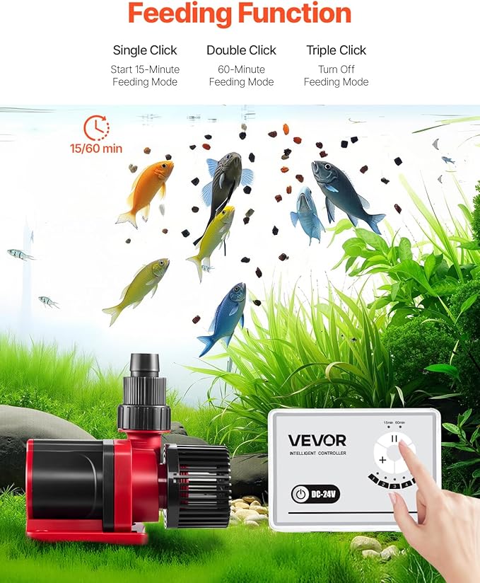 VEVOR Aquarium 24V DC Water Pump, 30W, 800 GPH Marine Wavemaker Return Pump with Controller, Adjustable Flow, Feed Mode, 11.5 ft Maximum Lift, for Saltwater Freshwater Fish Tank Sump Pond Circulation