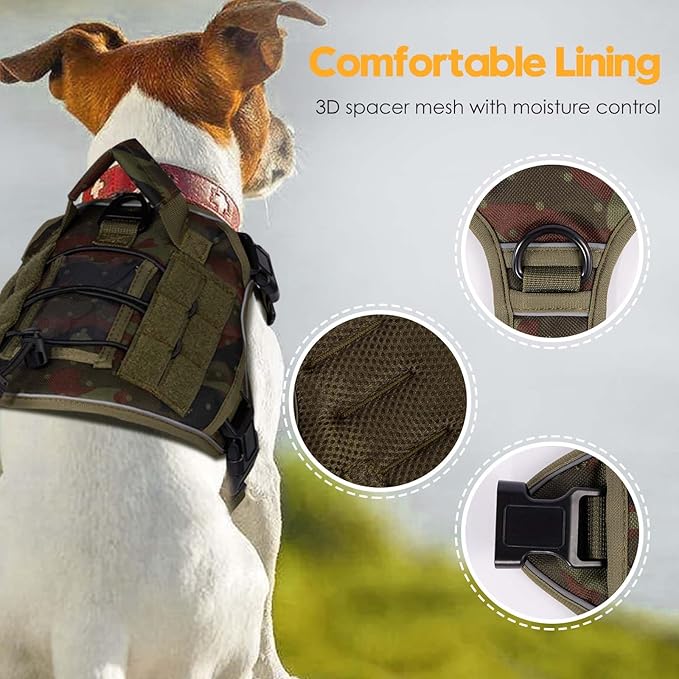 Heavy-Duty Tactical Dog Harness for Large Dogs, No Pull Adjustable Reflective Pet Vest with Molle System, K9 Military-Grade Control for Service Training, Outdoor & 10+ Breeds, Green Camo, Small