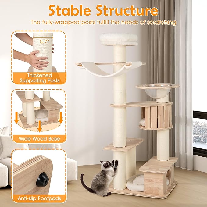 Tangkula 69” Tall Cat Tree, Multi-Layer Wood Cat Tower with Scratching Posts, Perch, Condo, Space Capsule, Hammock, Washable Cushions, Modern Cat Tree Tower for Indoor Cats Large Adult
