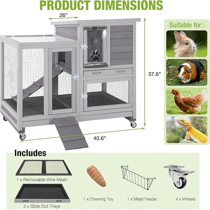 GUTINNEEN 2-Story Rabbit Hutch Indoor with Chew-Proof Ramp & Slide-Out Plastic Trays - Wooden Small Animal Cage Guinea Pig Cages with Wheels for 2-4 Rabbits, Bunnies, and Guinea Pigs (Grey)