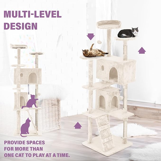 70 Inches Cat Tower for Indoor Cats Multi-Level Cat Condos XL Cat Tree Climbing Tower with Scratching Posts, Hanging Toys, Beige