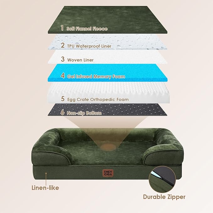 EHEYCIGA Orthopedic XL Dog Beds, Waterproof Memory Foam Dog Bed for Extra Large Dogs, Non-Slip Bottom and Egg-Crate Foam Big Pet Couch Bed with Washable Removable Cover, Dark Green
