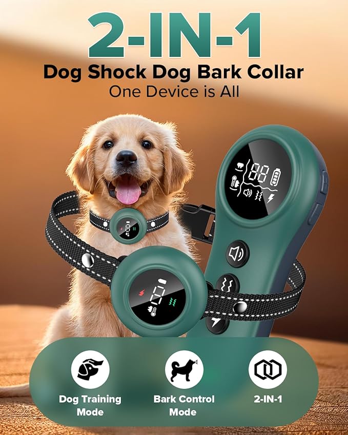 [New 2025] 2-in-1 Dog Shock Collar & Bark Collar – 3300FT Dog Training Collar with Remote, Automatic Anti-Barking, 5 Adjustable Sensitivity Levels, IP67 Waterproof E-Collar for Small Medium Large Dogs