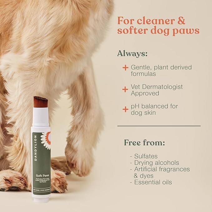 Dandylion Soft Paws | Paw Lotion with Brush | Dog Paw Balm Hydrating Alternative | Vet-Approved, Lick-Safe & Fragrance-Free | pH-Balanced for Itchy, Dry, Cracked Paws, Small & Large Dogs 0.6 fl oz