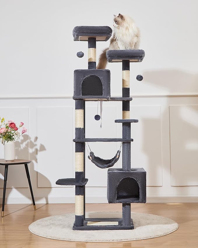 Taoqimiao Cat Tree, 68-Inch Cat Tree Cat Tower for Indoor Cats, Plush Multi-Level Cat Condo with 6 Scratching Posts, 2 Perches, 2 Caves,Hammock, 3 Pompoms,MS020SG Smoky Gray