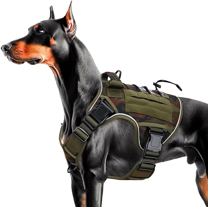 Heavy-Duty Tactical Dog Harness for Large Dogs, No Pull Adjustable Reflective Pet Vest with Molle System, K9 Military-Grade Control for Service Training, Outdoor & 10+ Breeds, Green Camo, Large
