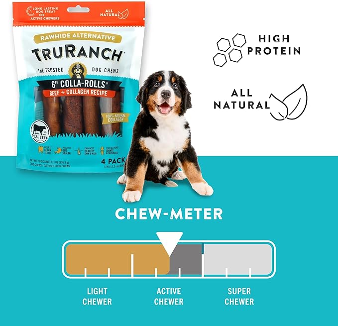 Collagen Rolls - 6" Collagen Rolls for Dogs - Long Lasting Healthy Joint Support Dog Treat - Rawhide Alternative - Skin & Coat Health - Made with Real Beef, 1 Bag, 4 Count
