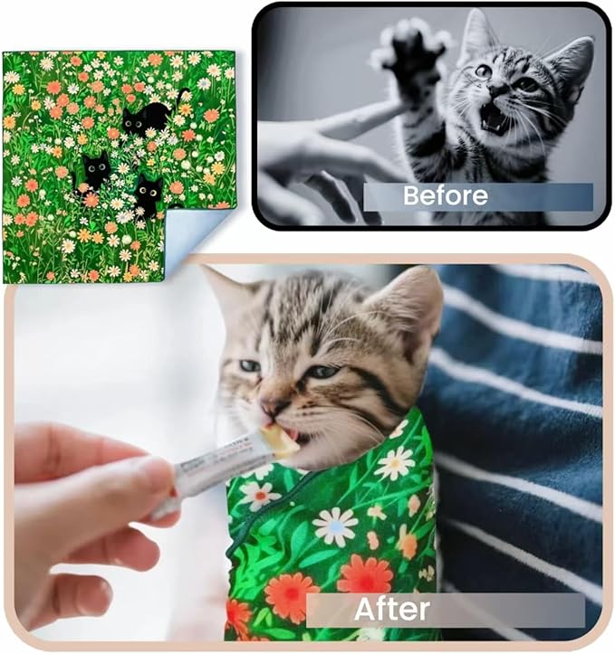 Cat Grooming Wrap Cat Wrap for Cutting Nails Cat Burrito Wrap 19.96 inch(Within 6Lbs) Cat Swaddle Nail Clipping, Teeth Brushing, Ear Cleaning Self-Adhesive Magic Cloth Cat Restraint