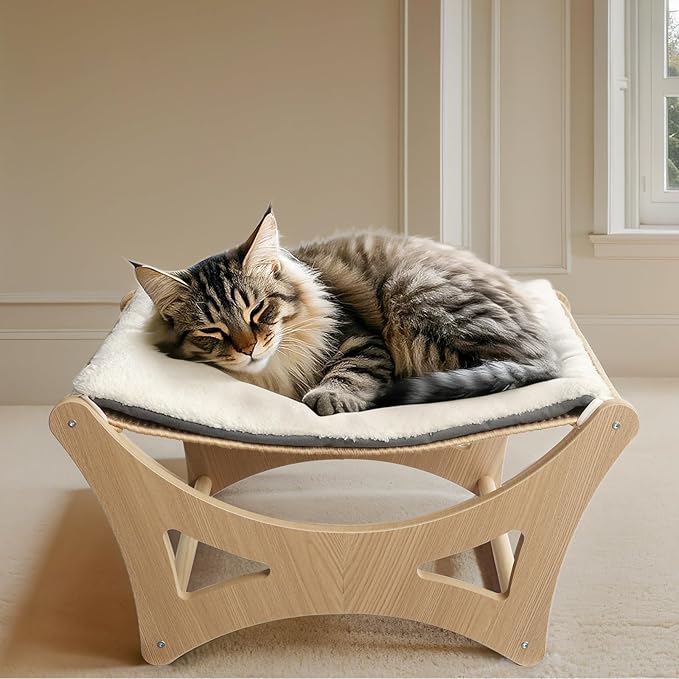 Cat Hammock Bed, Wooden Elevated Cat Beds with Natural Sisal Scratching Mat, Cats Scratcher Bed with Removable Soft Cushion, Cats Scratching Beds with Wood Frames, 22" L x 17.7" W
