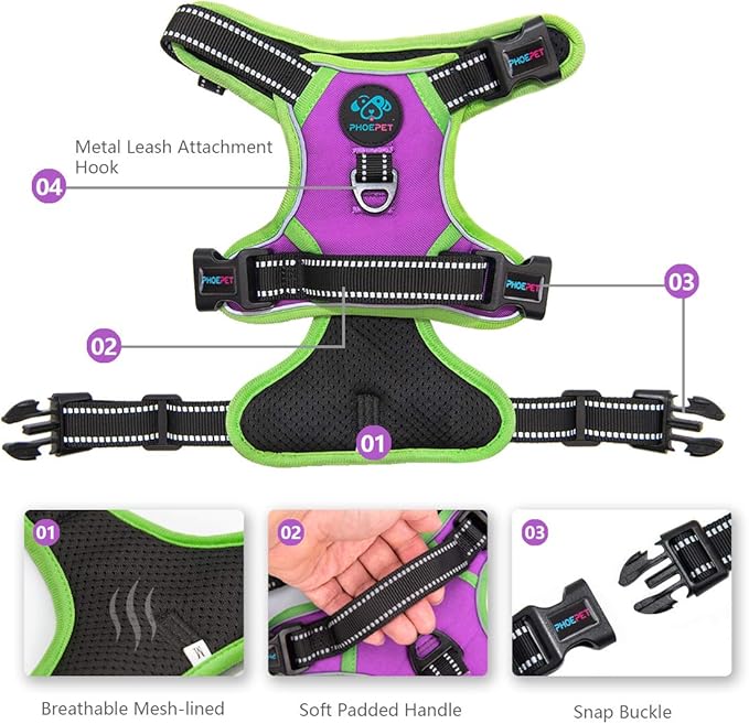 PHOEPET 2019 Upgraded No Pull Dog Harness, Reflective Adjustable Vest, with a Training Handle + 2 Metal Leash Hooks+ 3 Snap Buckles +4 Slide Buckles(S, Purple)