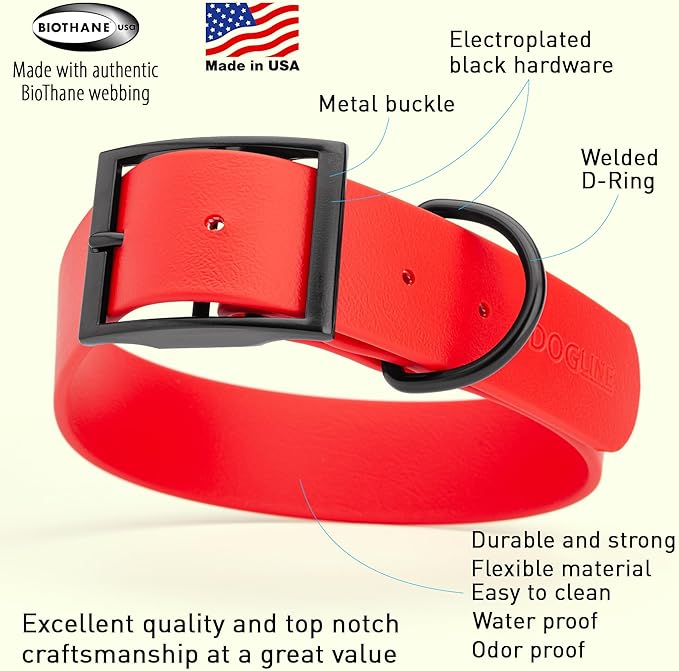 Dogline Biothane Waterproof Dog Collar Strong Coated Nylon Webbing with Black Hardware Odor- Proof for Easy Care Easy to Clean High Performance Fits Small Medium or Large Dogs, Cherry Red