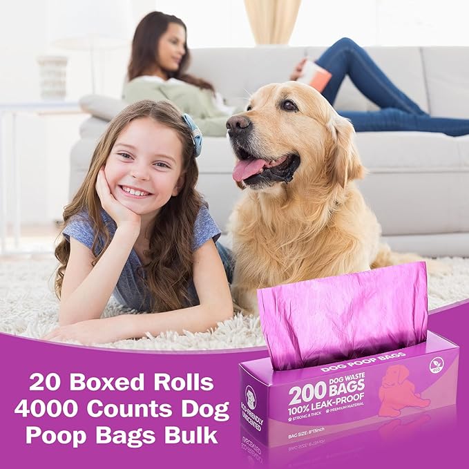 Sherr 20 Boxed Rolls 4000 Counts Dog Poop Bags Bulk Leak Proof Dog Waste Bags Universal Pet Doggy Waste Poop Box for Puppy Pets Outdoor Walking and Travel, 20 Rolls of 200 (Purple)