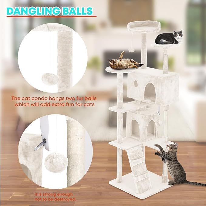 FDW Cat Tree 70in Cat Tower Multi-Level Durable Cat Scratching Post & Cozy Fun Cat Jumping Platform Space Saving Cat Condo Pet Play House for Indoor Cats,Beige