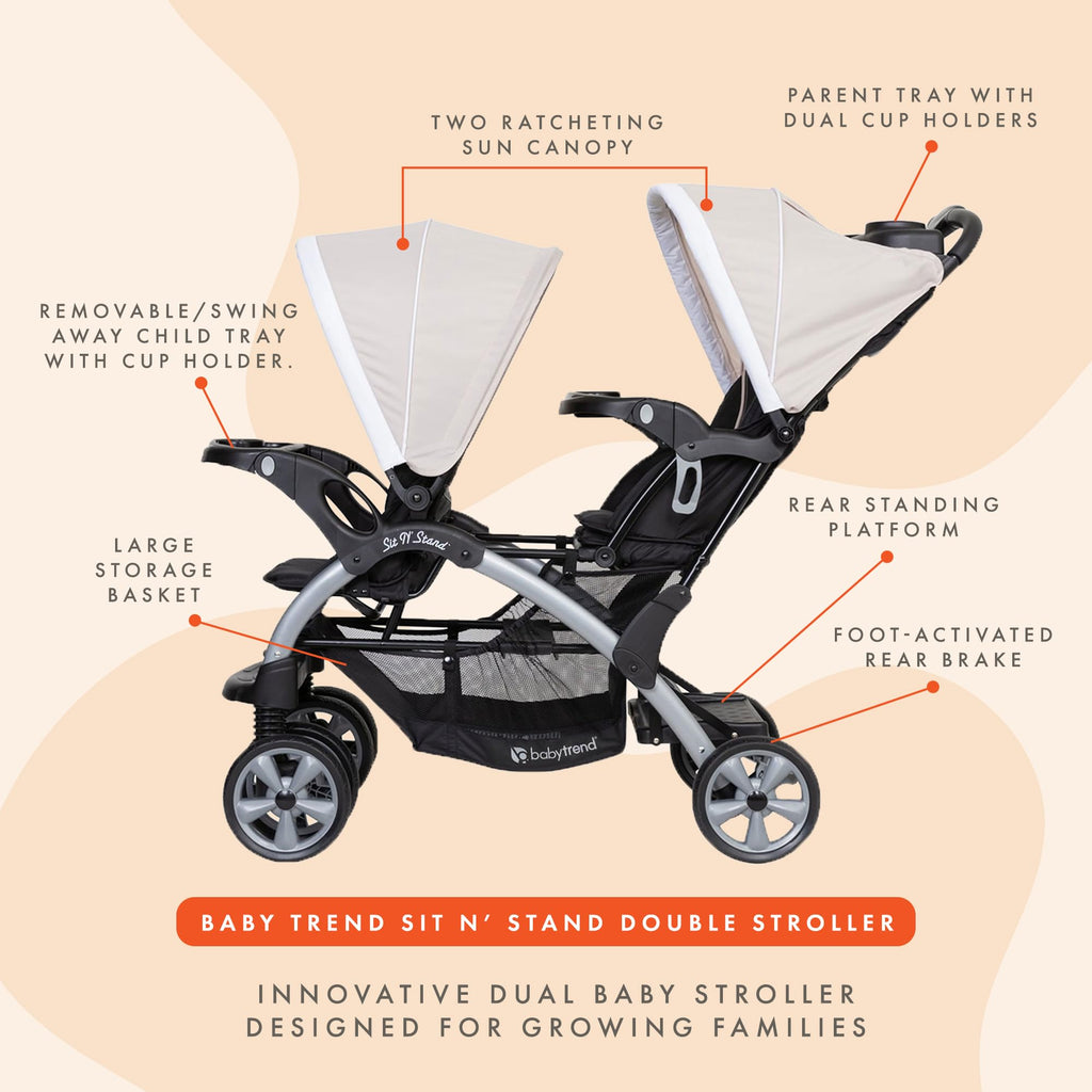 Baby Trend Double Infant and Toddler Stroller w/ Harness and Basket, Sit N' Stand, Stormy - Convertible Twin and Tandem Strollers for Babies