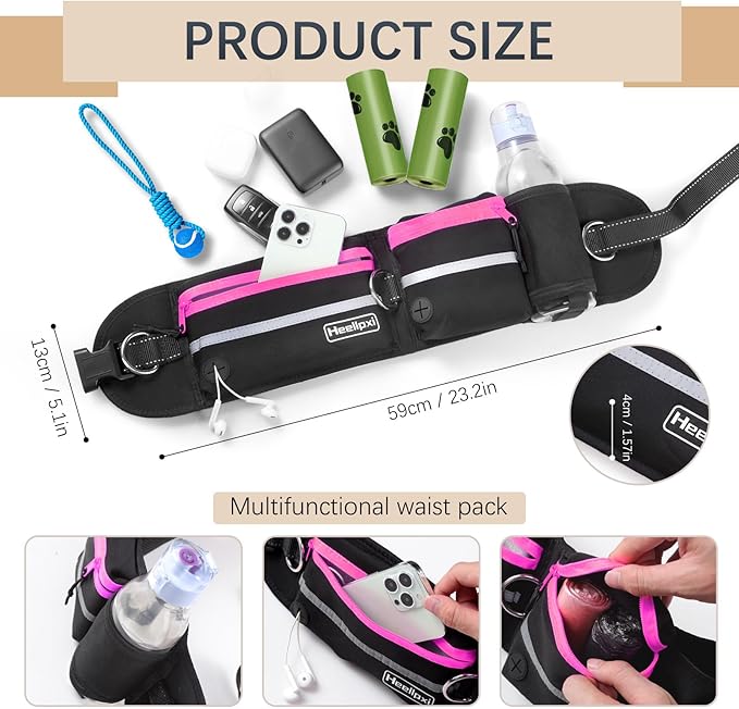Hands-Free Dog Leash with Pouch, Waist Leash for Walking Two Dogs, Reflective Stitching, Dual Handle, Bungee Retractable for Medium to Large Dogs - Pink,Dog Walking Accessories