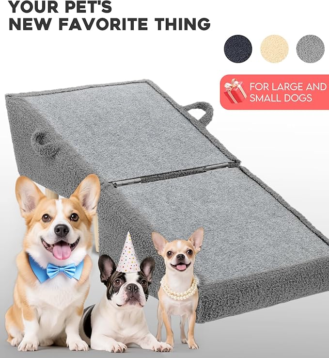 Dog Stairs for Small Dogs and Cats – 2-in-1 Dog Ramp for Bed and Couch, 16.5'' Foldable Wooden Pet Steps, Sturdy Multi-Use Split Ottoman Design, Dark Grey