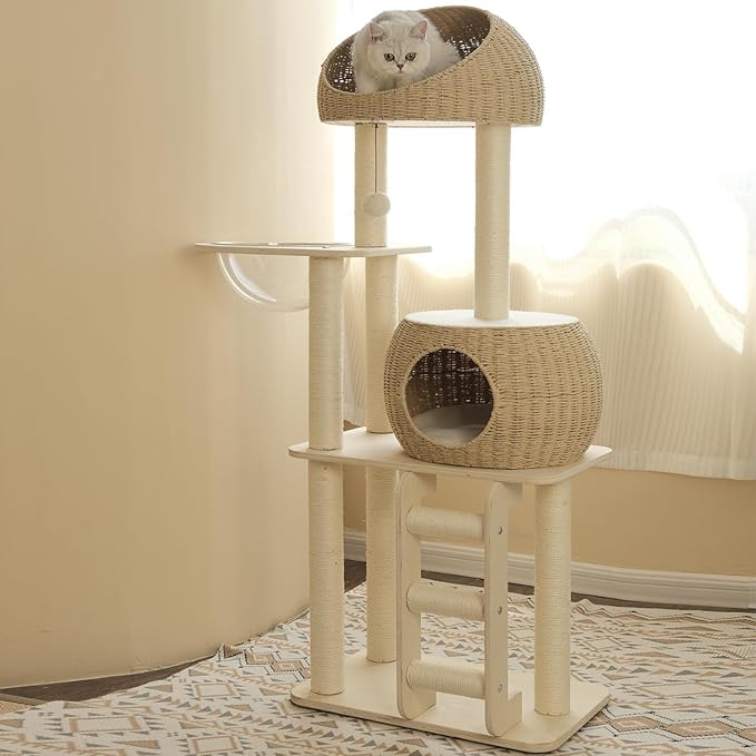 Rattan Cat Tree for Indoor Cats,Tall Cat Tree Tower with Cat Scratching Post,Wood Cat Tower for Indoor Cats,57.5 Inch Tall