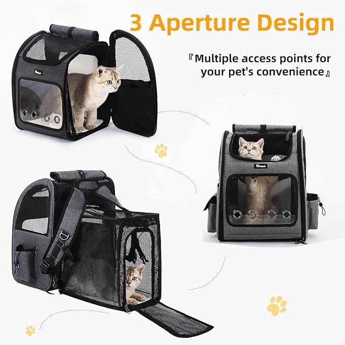 Hoopet Expandable Cat Backpack Carrier – Breathable Pet Carrier for Small Cats & Dogs, Foldable Travel Backpack with Mesh Ventilation for Hiking, Walking, Camping, Dark Grey