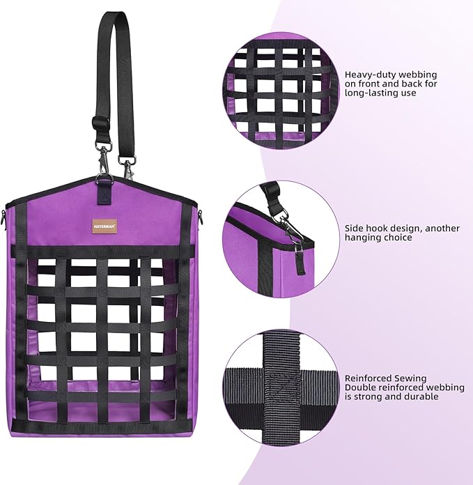 Innovative Hay Bags for Horses, Goat Hay Feeder with Reinforced Oxford Fabric and High Strength Metal Clasp,Horse Feeding Supplies with Adjustable Strap for Easy Hanging (2Purple+1Black)
