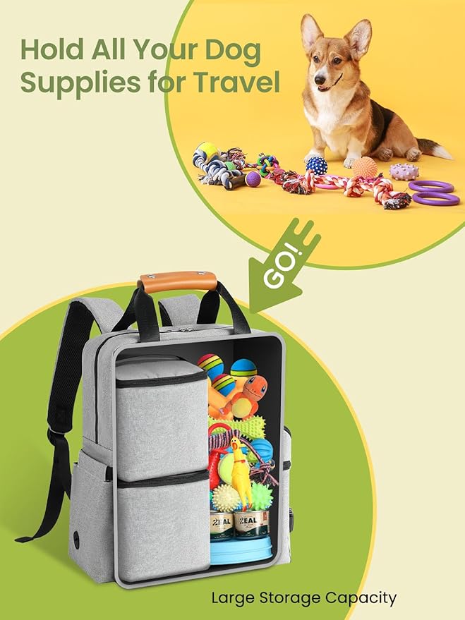 Dog Travel Bag, 25L Airline Approved Dog Travel Backpack for Pet Travel Accessories with 2 Food Storage Containers, 2 Foldable Bowls for Short Trips, Grey