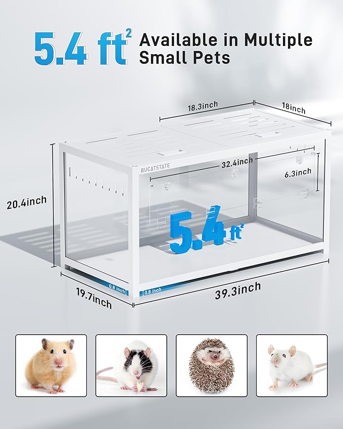 BUCATSTATE Hamster Cage 3.0: Metal Large Rat Cage Stackable with Top Access Easy Assemble 39.3L x 19.7W x 20.6H Inches Dwarf Syrian Hamster Tank for Gerbil Mouse (5.4 ft², White)