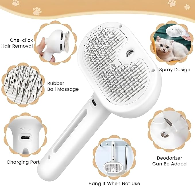 4 in 1 Cat Steam Brush: steam brush for cats, Grooming, Shedding, Mist Spray, Hair Removal Comb & Massager, USB Rechargeable Self Cleaning cat steam brushes for indoor cats - Pink
