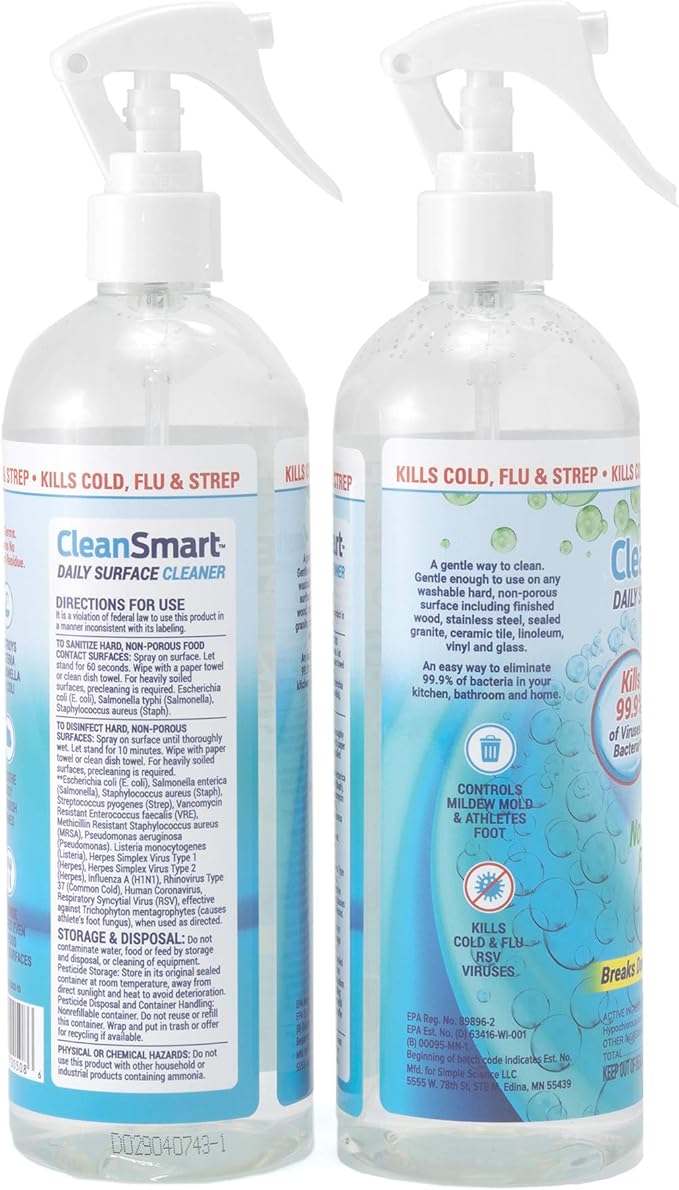 CleanSmart Daily Surface Spray Disinfectant, Kills 99.9% of Viruses, Bacteria, Mold & Fungus, 16 oz Bottle (Pack of 3)
