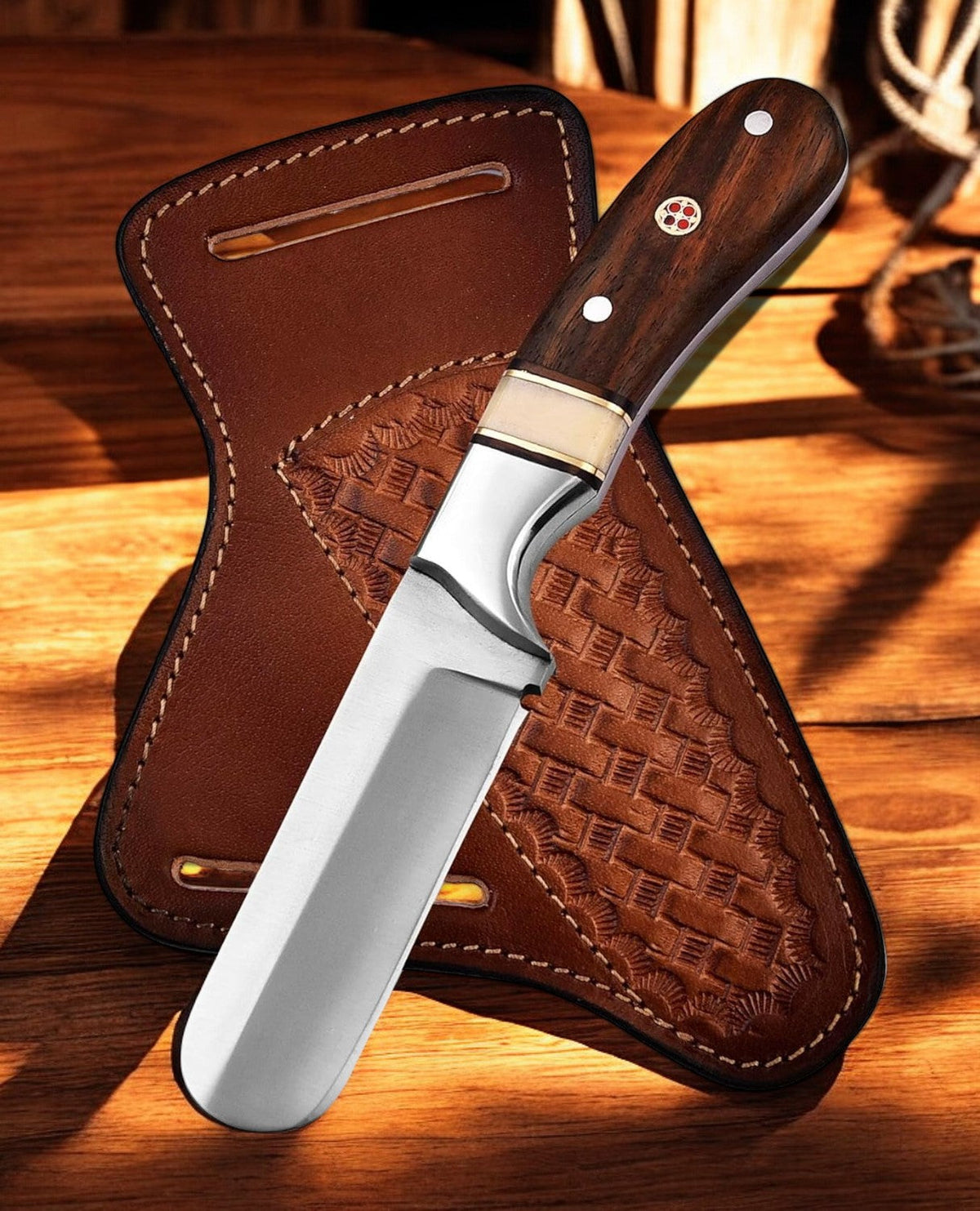 Custom Handmade Bull Cutter Knife – 7" D2 Steel with Leather Sheath