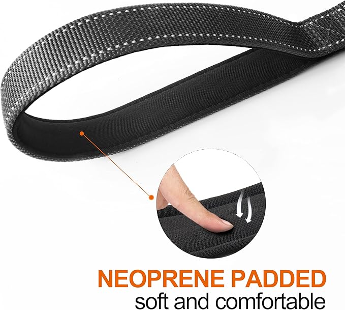 TwoEar 4FT 1IN Strong Black Dog Leash with 2 Padded Handles, Traffic Handle Extra Control, Comfortable Soft Dual Handle, Auto Lock Hook, Reflective Walking Lead for Small Medium and Large Dogs