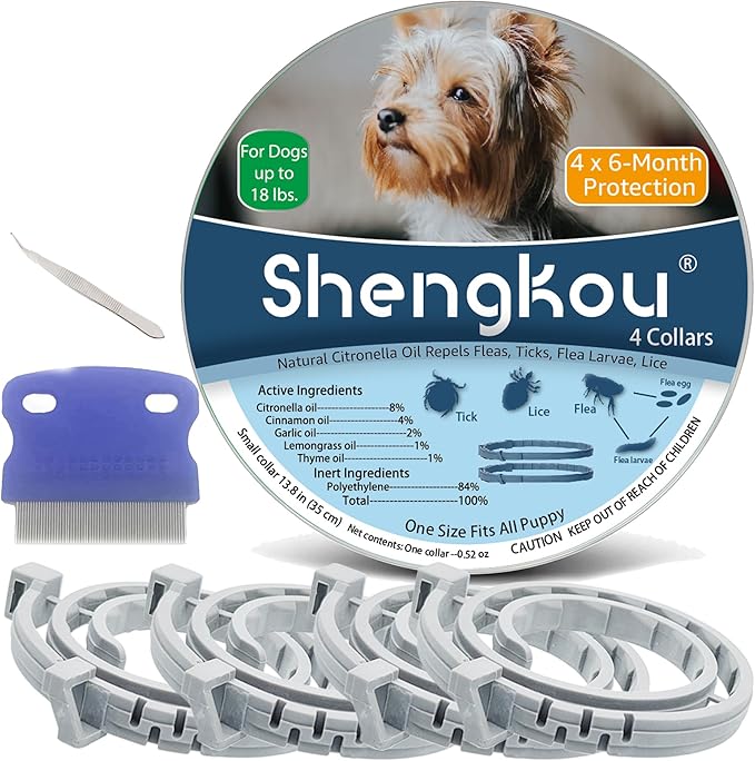 Natural Flea and Tick Collar for Puppies - Provides 24-Month Protection, Safe Pest Control - Waterproof and Strong - Includes Free Flea Comb and Tick Tweezer - 4-Pack