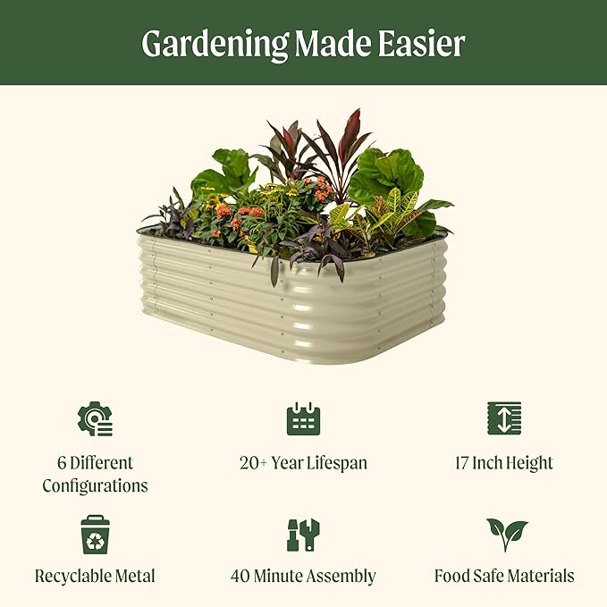 Vego garden Aluzinc Raised Garden Bed Kits, 17" Tall 6 in 1 Modular Metal Raised Planter Bed for Vegetables Flowers Patio Ground Planter Box-Modern Gray