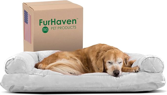 Furhaven Pillow Dog Bed for Large Dogs w/ Removable Bolsters & Washable Cover - Quilted Sofa - Silver Gray, Jumbo/XL
