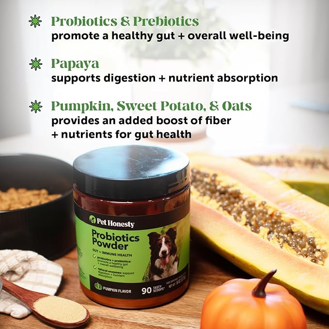 All-Natural Probiotic & Pumpkin Powder Dog Supplement - Prebiotics, Probiotics, Enzymes & Antioxidants for Healthy Gut Flora, Digestion & Immunity (90 Scoops)