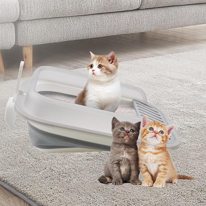 Open Cat Bedpan with Spoon,Shallow Splash Proof Travel Litter Box with Sand Drop Pedal High Side Low Entrance Cat Toilet Semi-Enclosed Adjustable for Kittens Elderly Cats Disabled Cats(Gray)