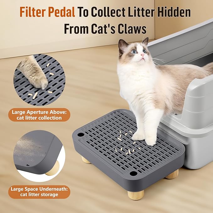 Cat Litter Box Step Ramp, Cat Litter Catcher Mat with Wooden Feet, Filter Function, Cat Pedal Stool for Self-Cleaning Cat Litter Box, Ideal for Kitten & Elderly Cats (Dark Grey)