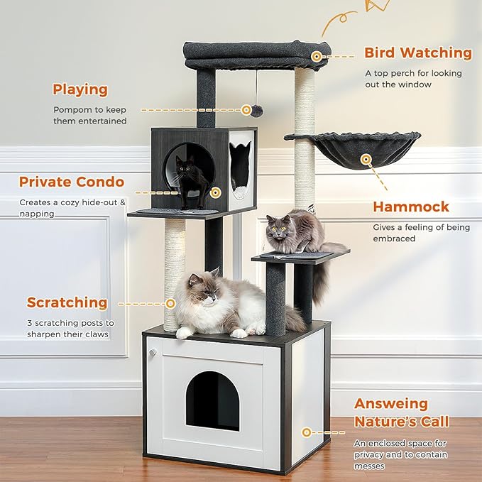 Tall Cat Tree with Litter Box Enclosure 56.7" Wooden Cat Tower for Large Cats with Cat Hammock House Bed (Wood Black)