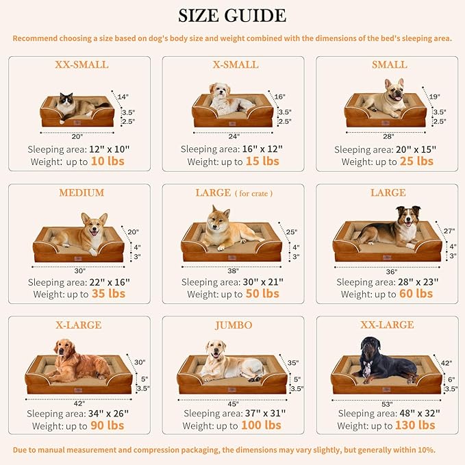 Comfort Expression Large Dog Beds Waterproof Orthopedic Foam Dog Sofa Beds Comfy Pet Bed with Washable Removable Cover & Non-Slip Bottom(Large,Caramel)