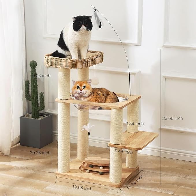 34 Inch Solid Wood Cat Tree Tower with Space Capsule, Hand-Woven Basket Nest, Feather Toy, Hanging Balls, Sisal Posts, 4-Tier Indoor Climbing Cat Tower for Kittens