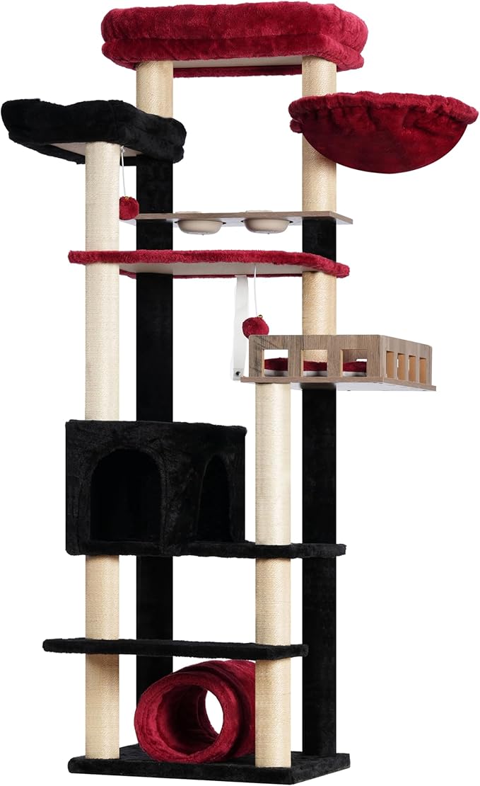 Cat Tree with Tunnel, Cat Tower for Indoor Cats, Tall Gothic Cat Tree Tower with Cat Condo, Food Station, Large Platform, Scratching Posts, Hammock, Black and Red GCT021BR