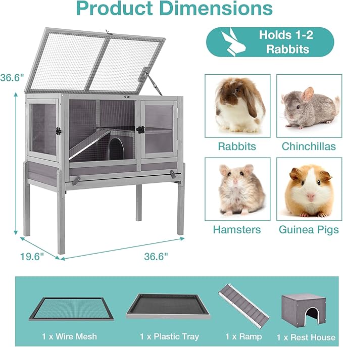 Guinea Pig Cage with Wooden Stand,Indoor Rabbit Hutch with 2 Stories,Hamster Cage with Anti Chew Ramp,Hideout, Platform, Pull Out Tray (Grey)