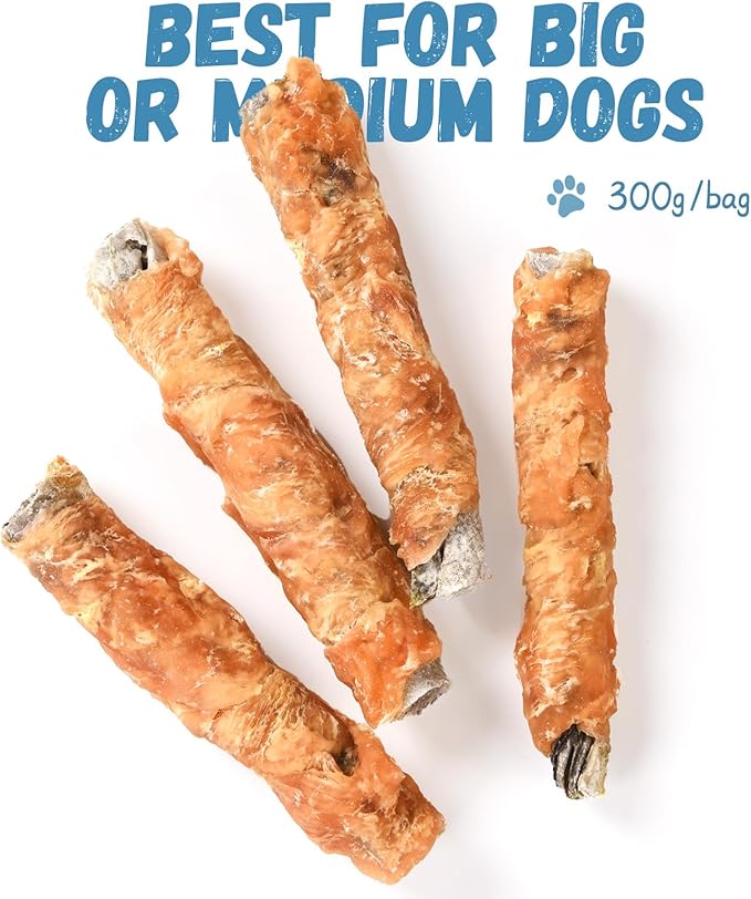 Dog Treats Chicken Wrapped Cod Fish Skin Sticks, Healthy High Protein Omega3 Cod Twist Dog Chews Real Chicken Wrap Teeth Cleaning for Large Medium Small Breeds, 10.6 oz