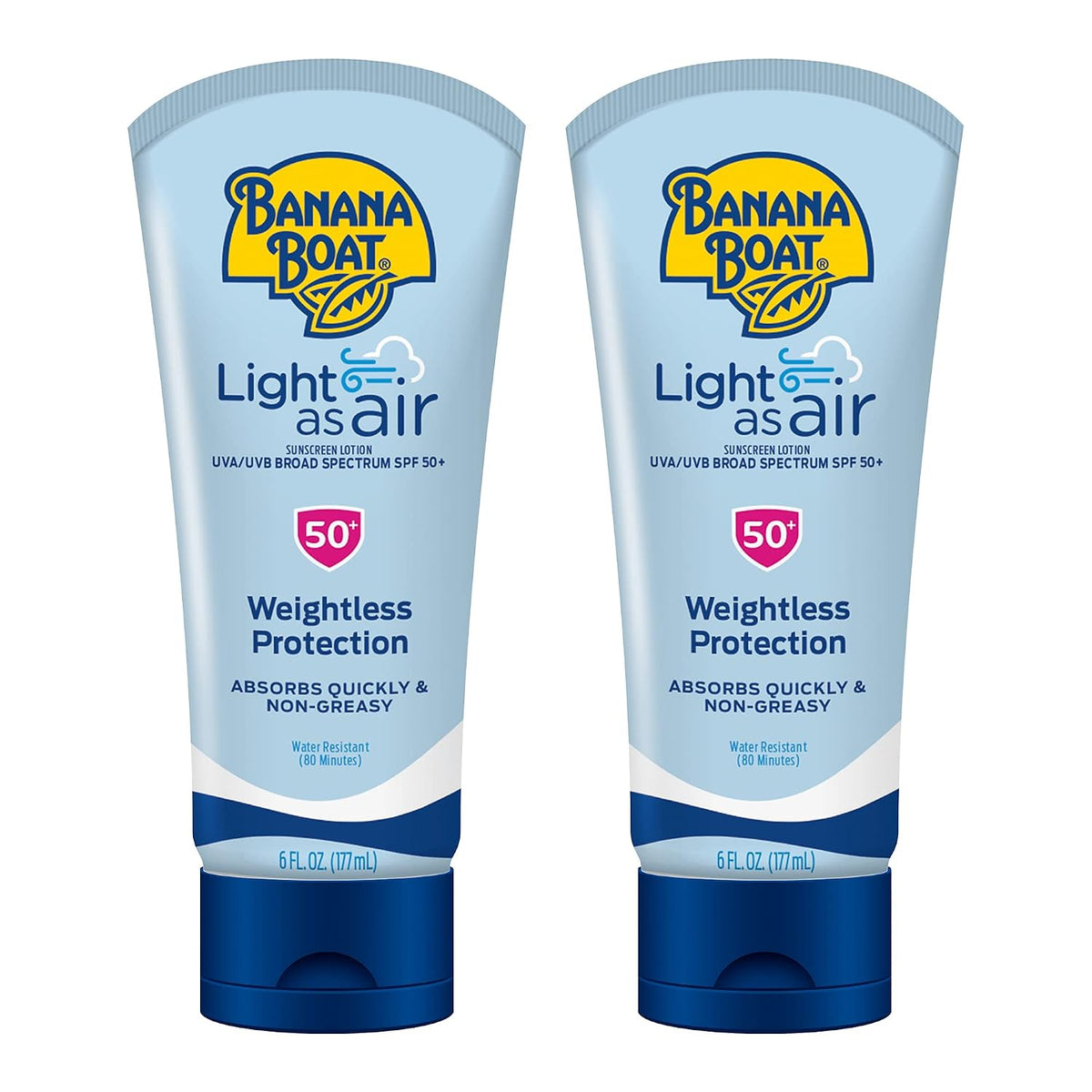 Banana Boat Light As Air Sunscreen Lotion SPF 50 Twin Pack | Lightweight & Non-Greasy Lotion Sunscreen SPF 50, Sunblock, Oxybenzone Free, 6oz each