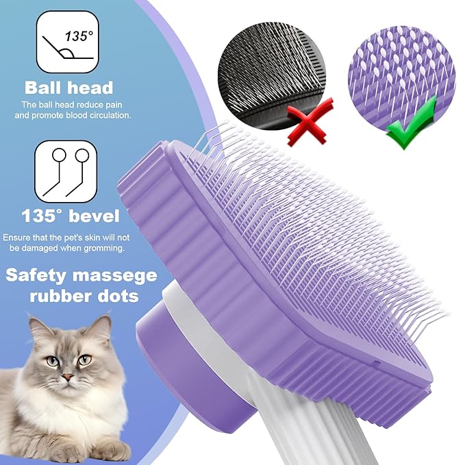 Cat brush, Cat Brush for Long or Short Haired Cats, Remove Loose Fur and Mats, Rounded Pins Reduces Painful Pulling, Not for Tangle and Curly Fur, Violet