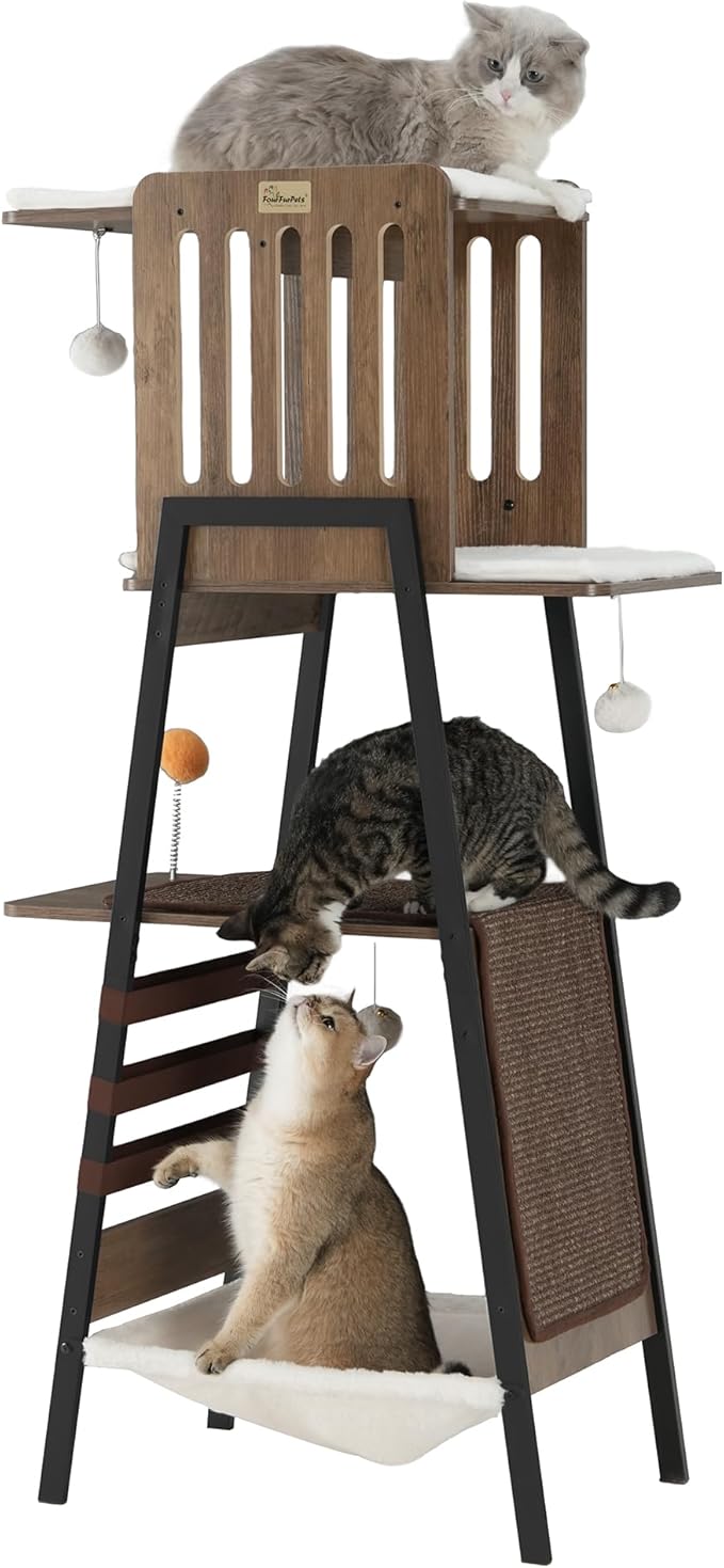 FourFurPets Modern Cat Tree, 58-Inch Cat Tower for Large Cats, Maine Coon Cat Tree with Scratching Board, Large Perch, Hammock and Removable Pads, Greige