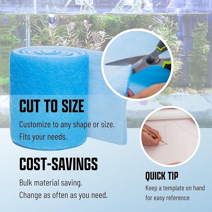 Premium Aquarium Filter Media Pad - Cut-to-Fit Roll, Fresh and Saltwater Safe, Blue & Dye-Free Options, Made in USA (12 ft, Blue)